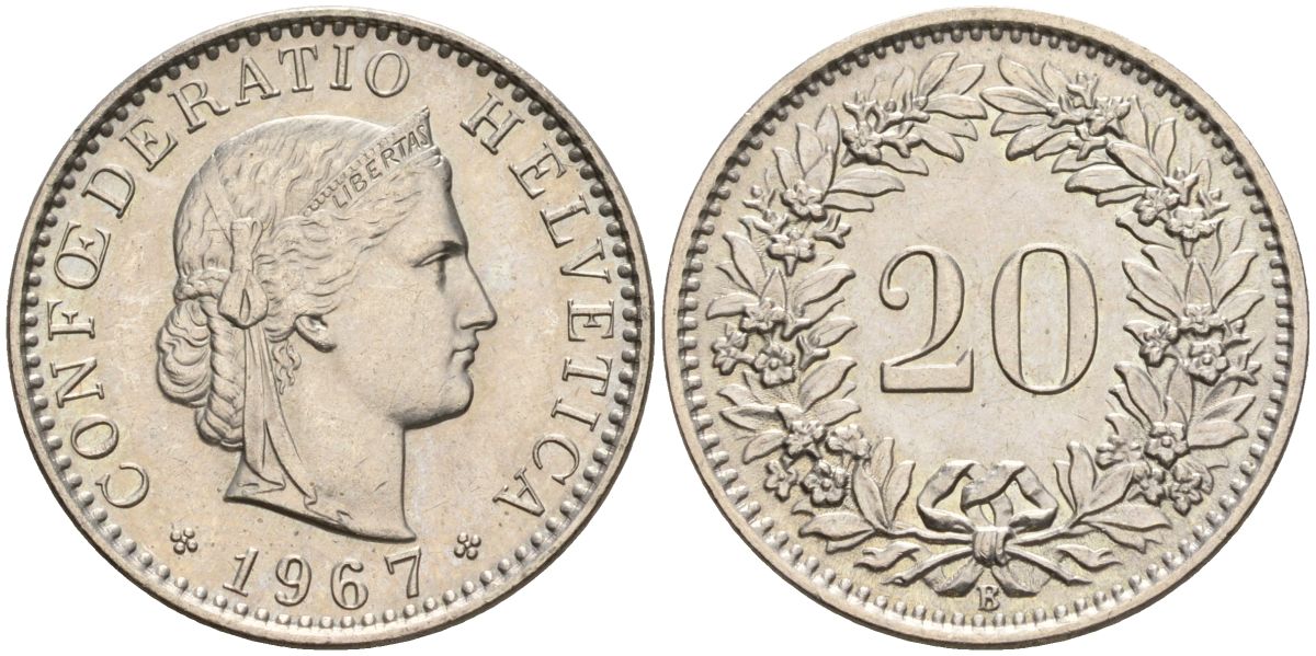 Швейцария 20 раппенов 1967 B KM 29a медно-никель 4606-813