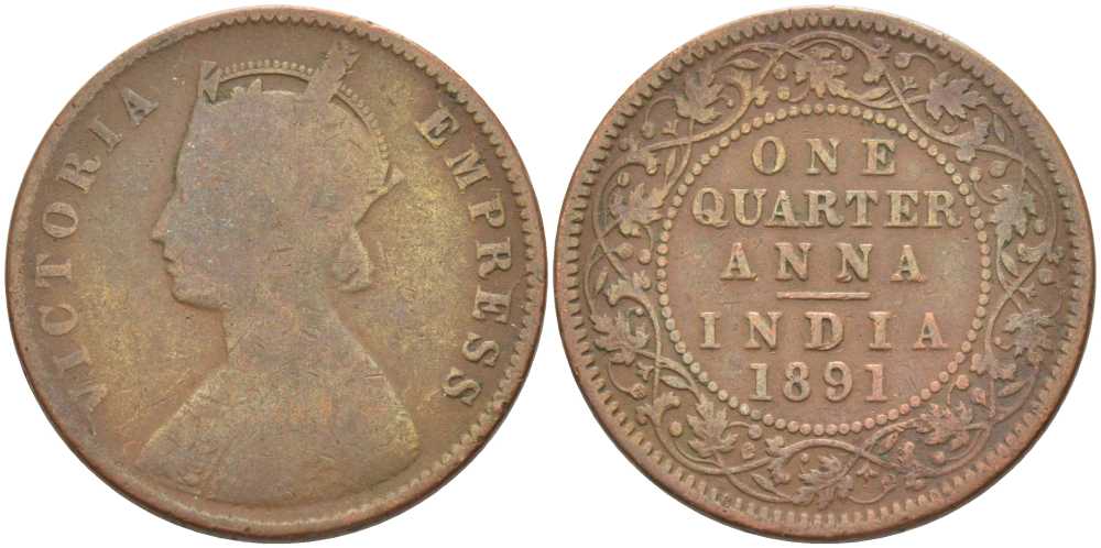 Британская Индия 1/4 анна 1891 Виктория (1837-1901), имперская чеканка KM 486 медь 119-213