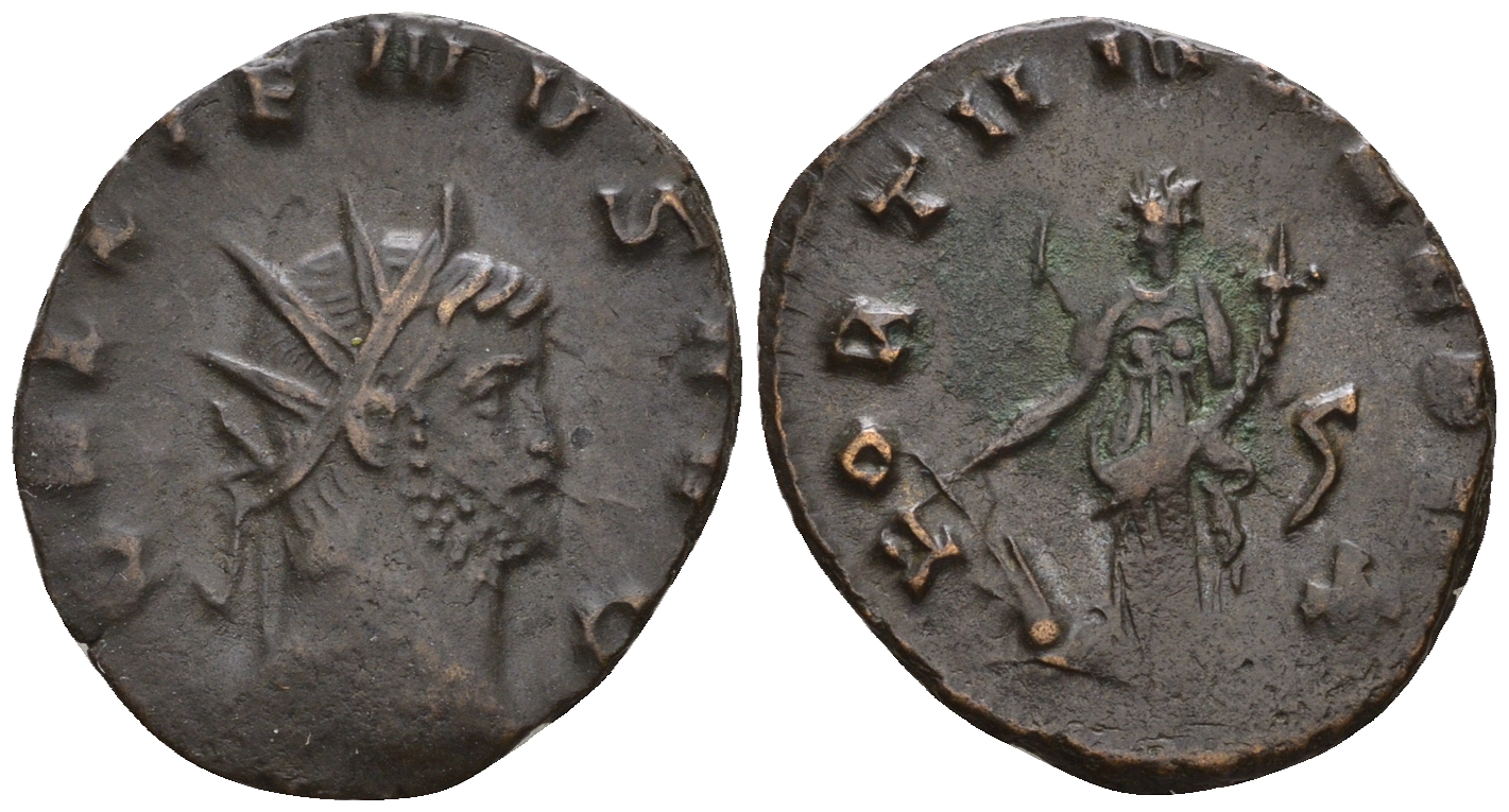 Римская Империя антониниан 265 Галлиен, GALLIENVS AVG, бюст императора / FORTVNA REDVX, Фортуна, богиня Удачи, Рим RIC 193 биллон 1073-25-17