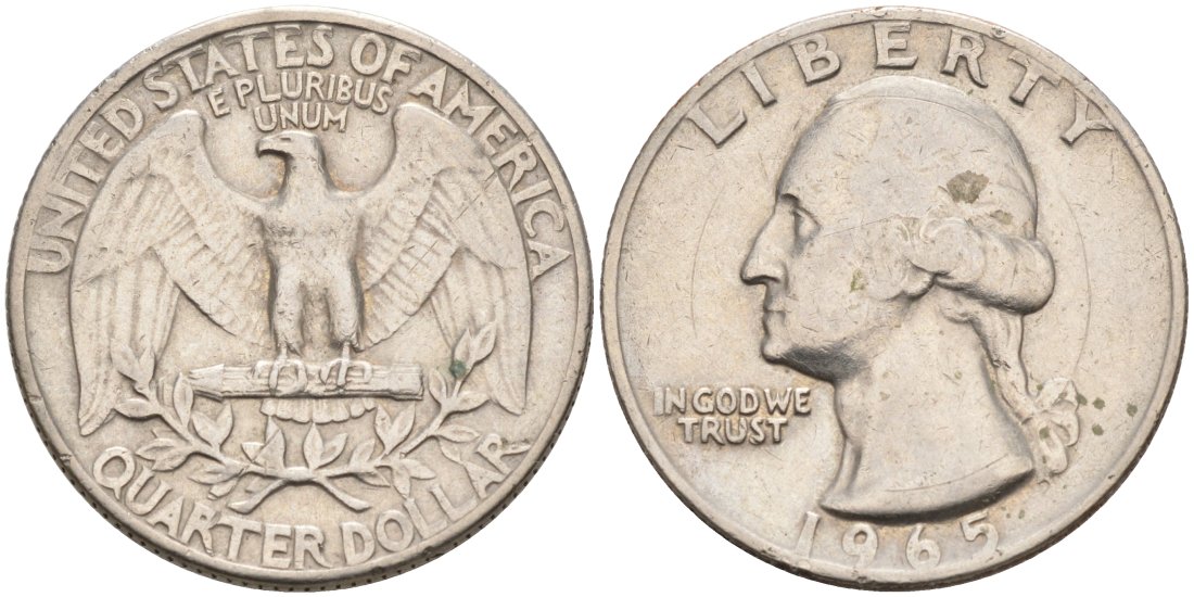 США 25 центов (квотер) 1965 Вашингтон KM 164a медь плакированная медно-никелем 92-1216