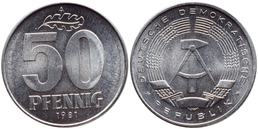 ГДР 50 пфеннигов 1981 А KM 12.2 алюминий UNC 4391-352