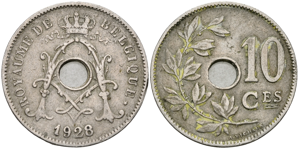БЕЛЬГИЯ 10 САНТИМОВ 1928 BELGIQUE KM 85.1 медно-никель 540-248