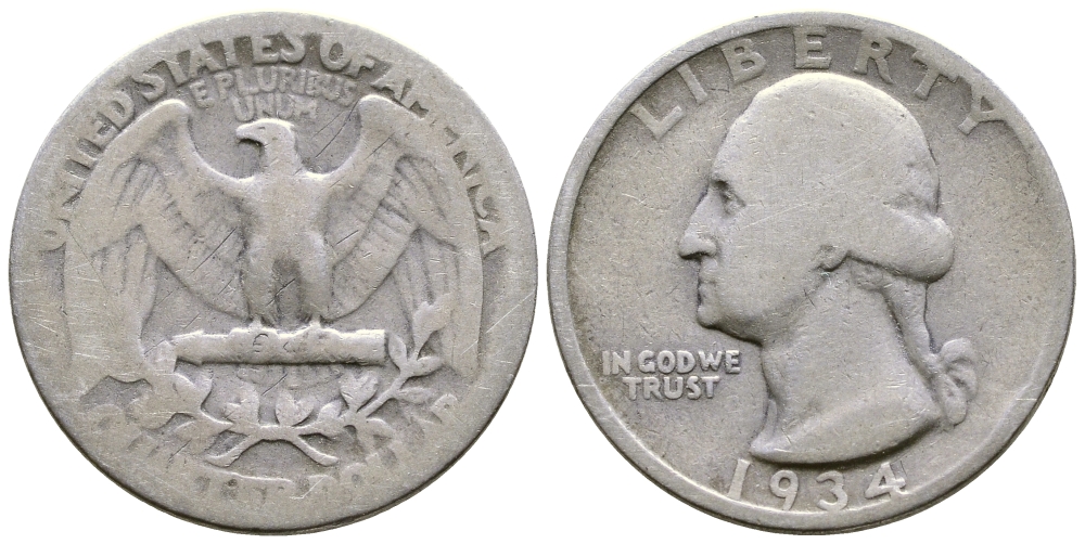 США 25 центов = квотер 1934 Вашингтон KM 164 серебро 259-516
