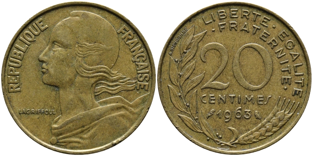 ФРАНЦИЯ 20 САНТИМОВ 1963 KM 930 медь алюминий никель 98-323