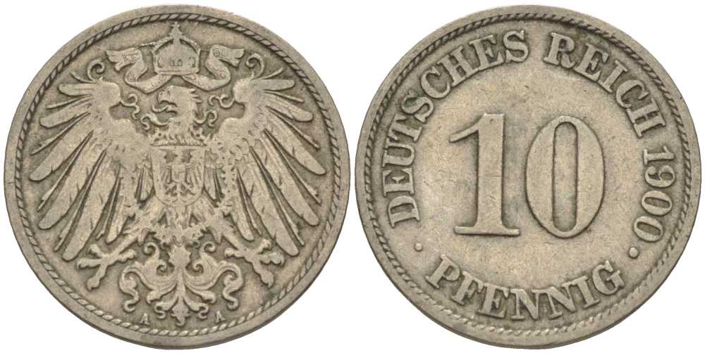 Германия 10 пфеннигов 1900 A KM 12, J. 13 медно-никель 4401-1147