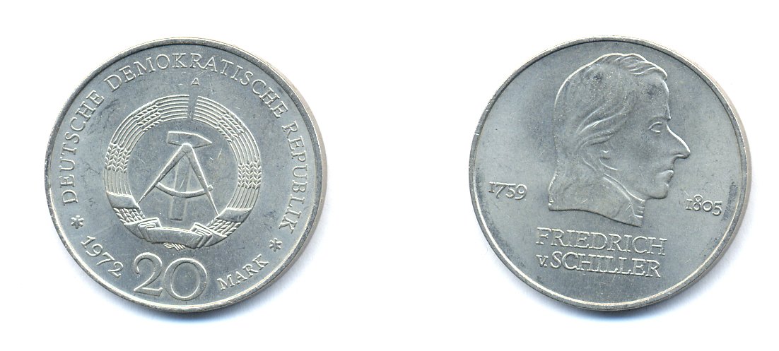 ГДР 20 марок 1972 А, Фридрих Шиллер (1759-1805) KM 40 медно-никель 3333-815