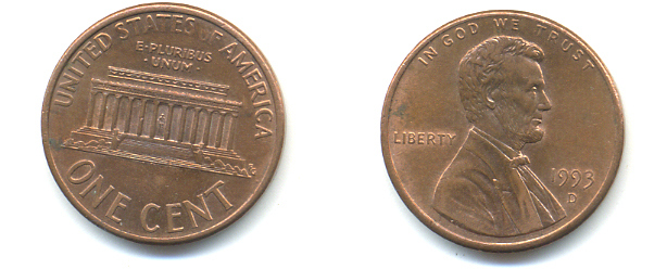 США 1 цент 1993 D, Авраам Линкольн KM 201b цинк плакированный медью 86-265