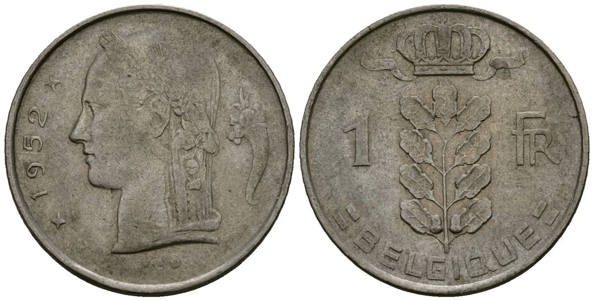 Бельгия 1 франк 1952 Belgique KM 142 медно-никель 4172-532
