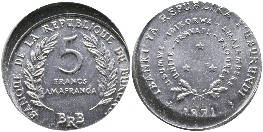 Бурунди 5 франков 1971 брак чекана KM 16 алюминий 1520-611