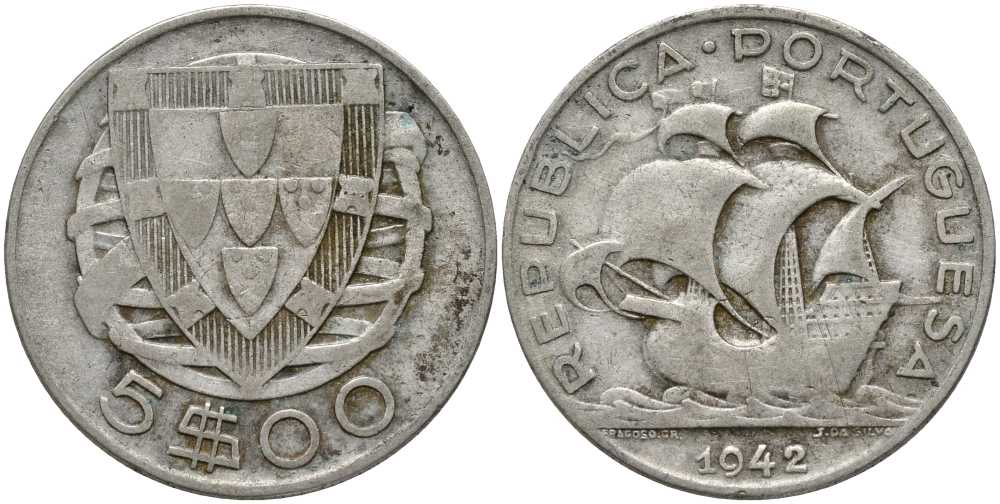 ПОРТУГАЛИЯ 5 ЭСКУДО 1942 ПАРУСНИК КМ 581 серебро 202-422