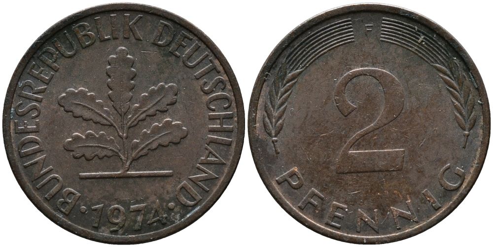ФРГ 2 пфеннига 1974 F KM 106а, J.381а сталь плакированная медью 99-221