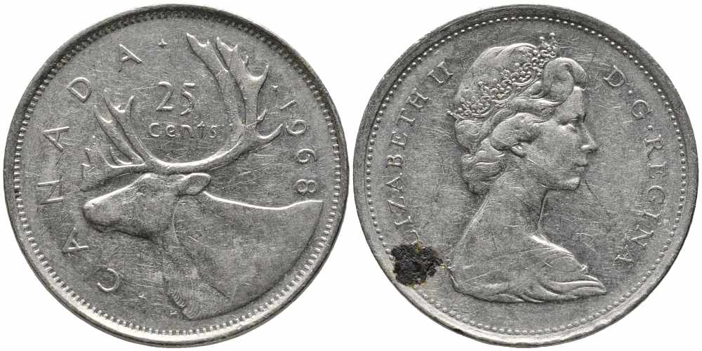 Канада 25 центов 1968 Елизавета II (1952-2022), олень KM 62 b никель 87-957