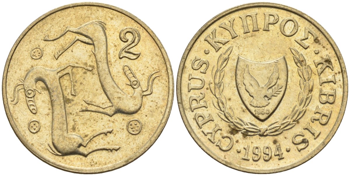 Кипр 2 цента 1994 KM 54.3 никель латунь 4174-1262