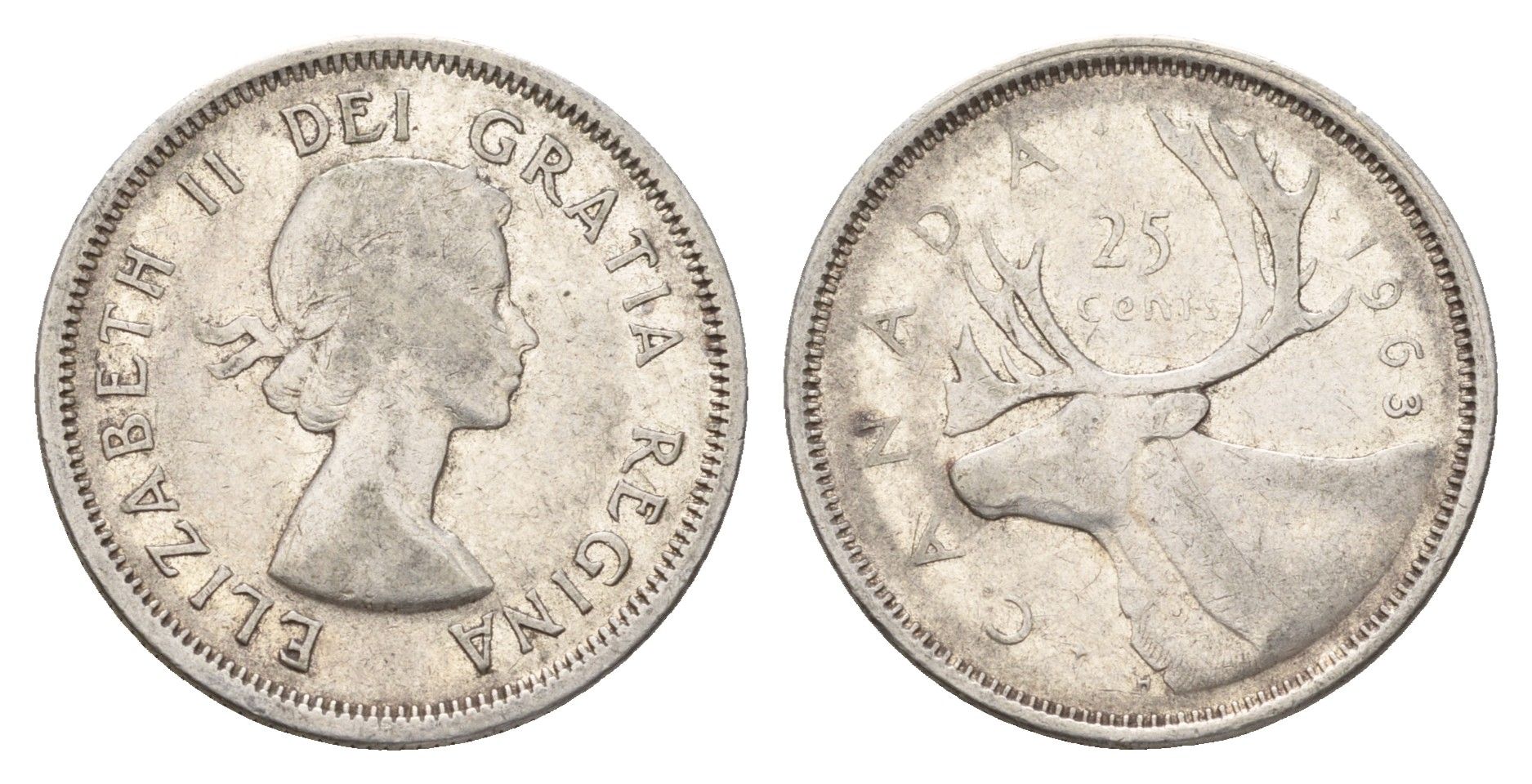 Канада 25 центов 1963 Елизавета II (1952-2022), олень KM 52 серебро 181-357