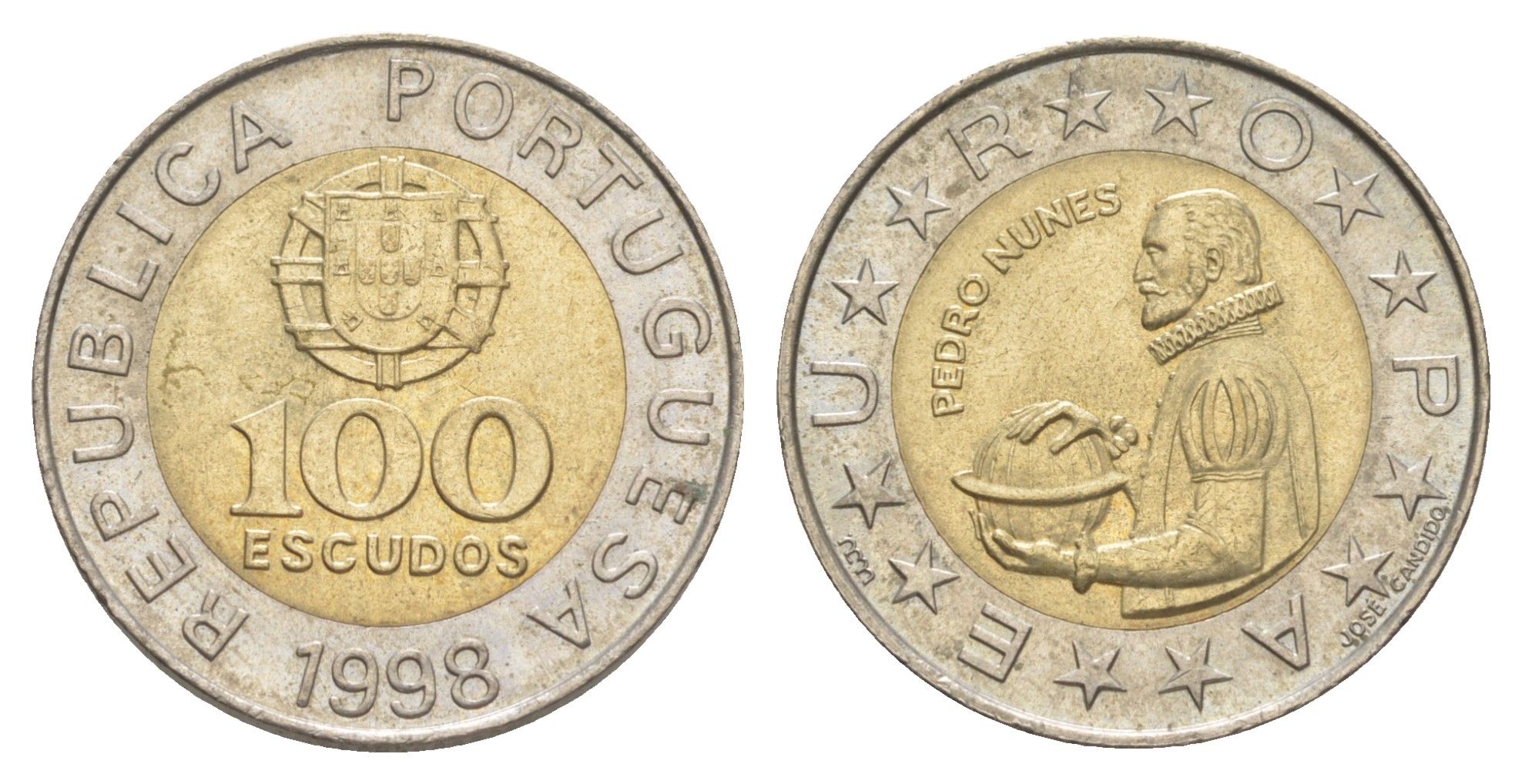 Португалия 100 эскудо 1998 Педру Нуниш (1502-1578), математик KM 645 биметалл 4391-517