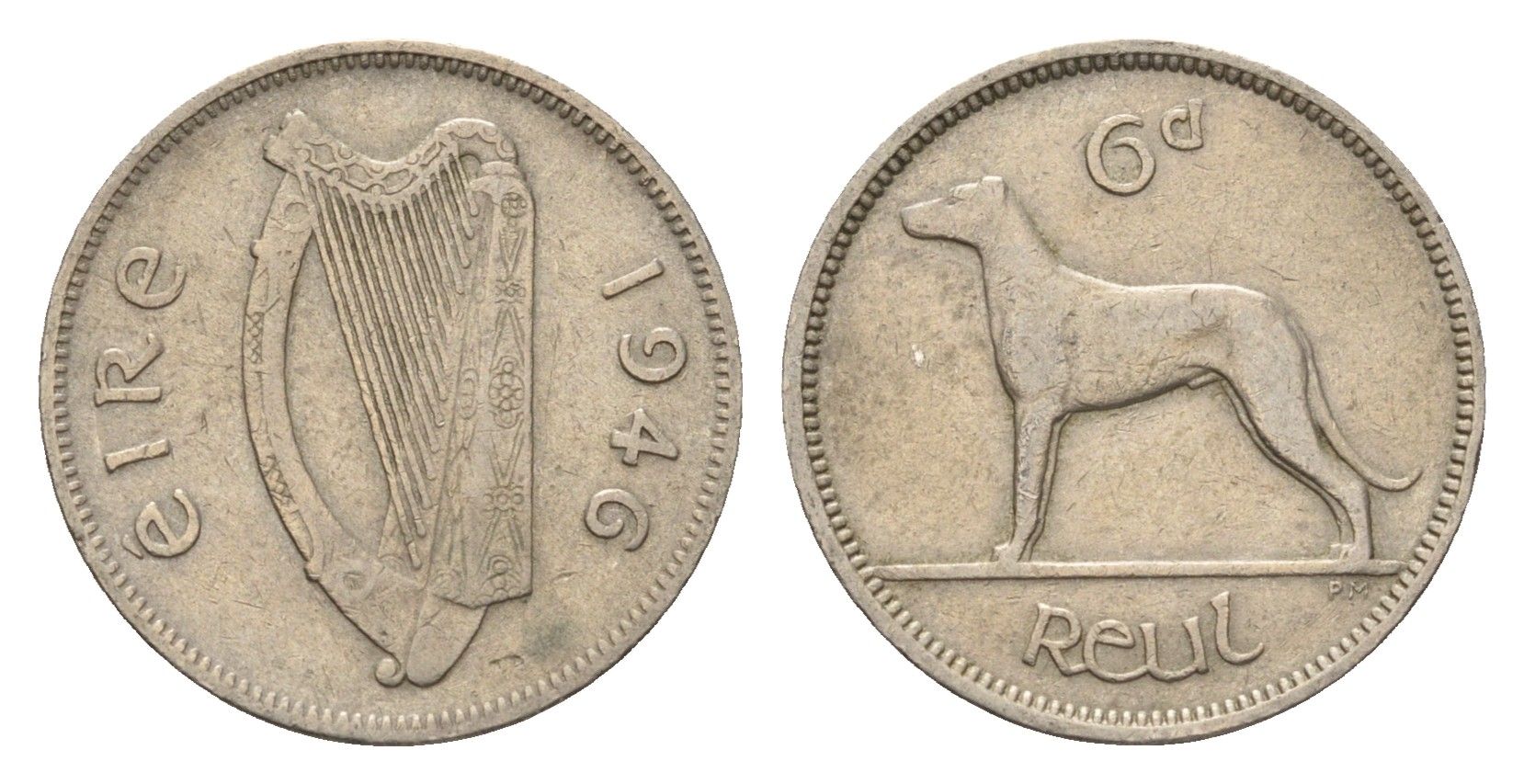 Ирландия 6 пенсов 1946 собака, ирландский волкодав KM 13a медно-никель 4690-326