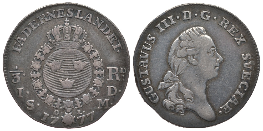 Швеция 1/3 риксдалера - 1 далер S.M. 1777 Густав III (1771-1792) KM 516 серебро 00-816-57