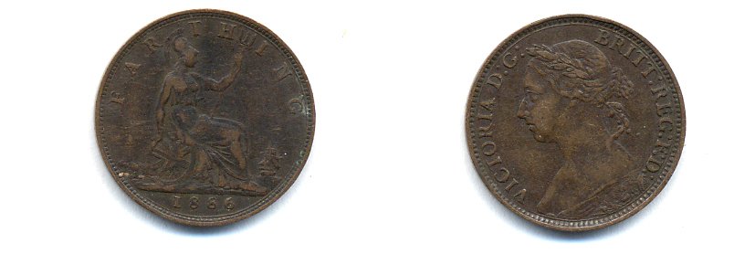 Великобритания 1 фартинг 1886 Виктория (1837-1901) KM 753, Spink 3958 бронза 4379-719