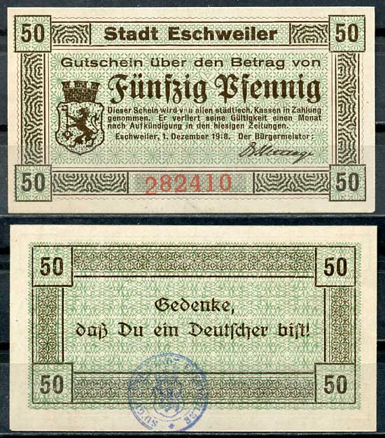 Германия, Эшвайлер 50 пфеннигов 1918 нотгельд, 1.12.1918 бумага UNC (пресс) 8614-47-2-1