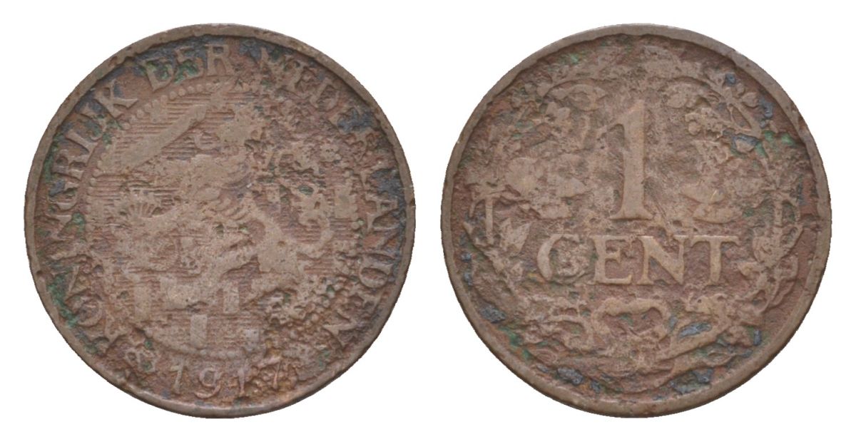 Нидерланды 1 цент 1917 Вильгельмина (1890-1948) KM 152 бронза 75-423