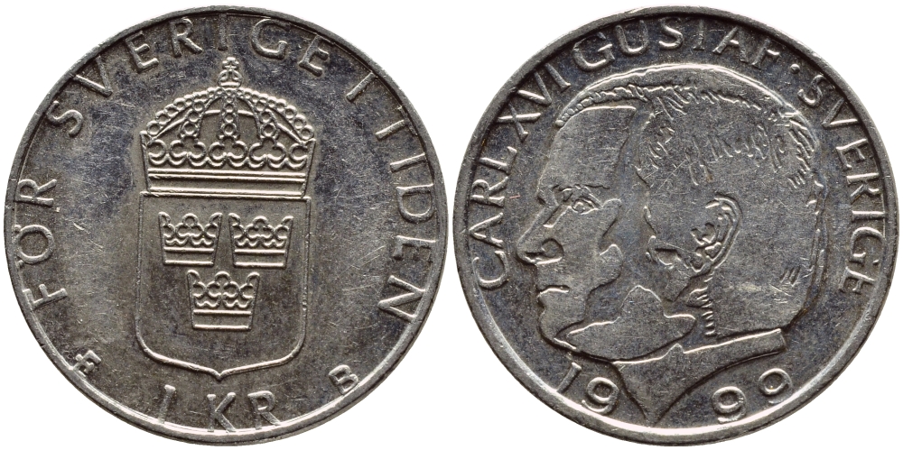 Швеция 1 крона 1999 Карл XVI Густав (1973- ) KM 852a медно-никель 89-313
