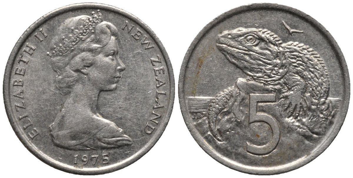Новая Зеландия 5 центов 1975 Елизавета II (1952-2022), ящерица гаттерия KM 34.1 медно-никель 75-1017