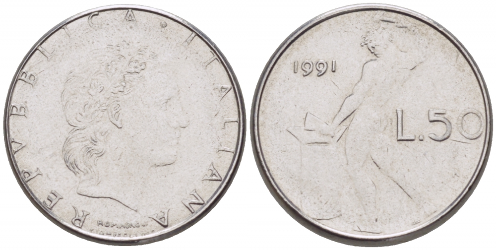 ИТАЛИЯ 50 ЛИР 1991 R КУЗНЕЦ KM 95.2 сталь 3955-621