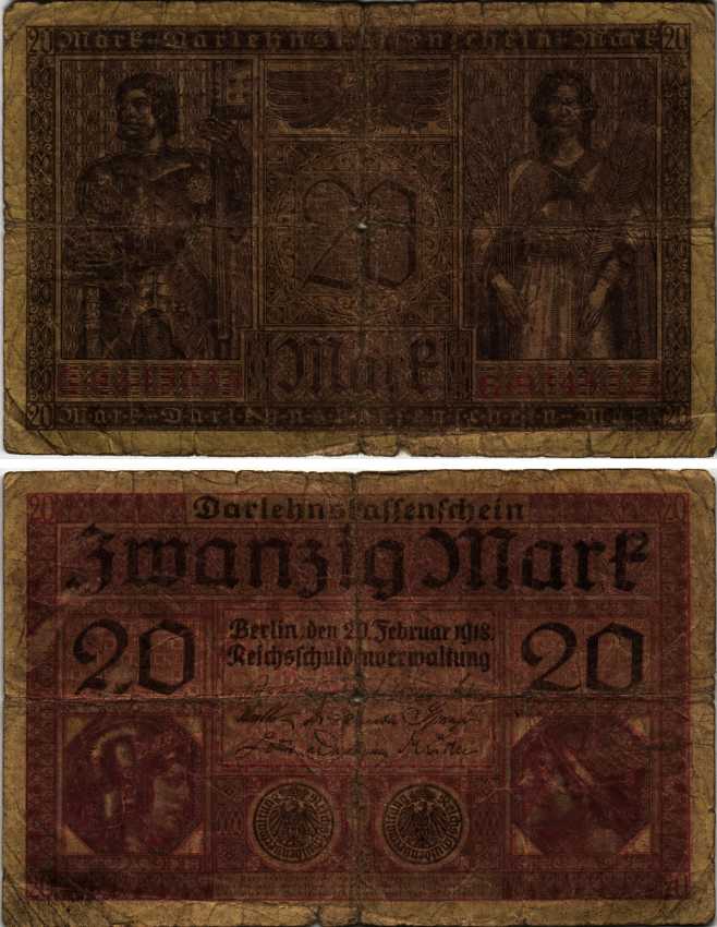 ГЕРМАНИЯ 20 МАРОК 1918 20 ФЕВРАЛЯ 1918, СЕРИЯ G, КРАСНАЯ, МИНЕРВА И МЕРКУРИЙ Pick 57, Rosenberg 55 бумага 7183-61-3-1