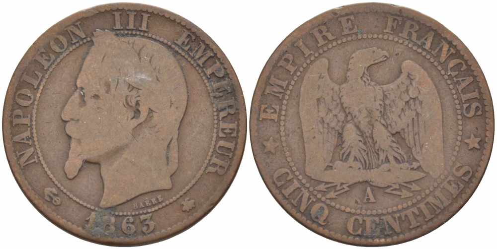ФРАНЦИЯ 5 САНТИМОВ 1863 A, НАПОЛЕОН III (1852-1870) KM 797.1, LE FRANC 117.8 бронза 108-537