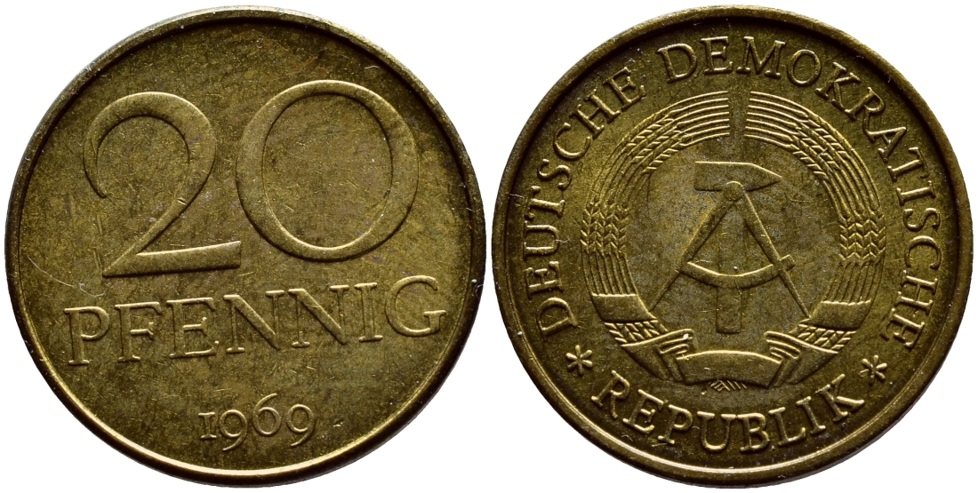 ГДР 20 пфеннигов 1969 A, первый год KM 11 UNC 4395-1127