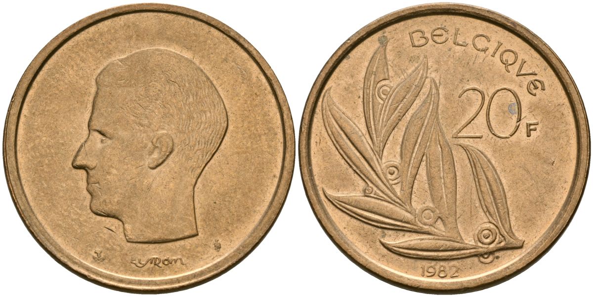 Бельгия 20 франков 1982 Belgique KM 159 никель бронза 4120-1123