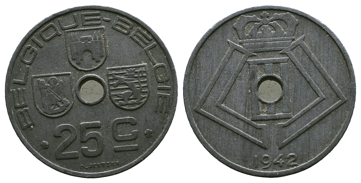 Бельгия 25 сантимов 1942 Belgique - Belgie, немецкая оккупация KM 131 цинк 259-946