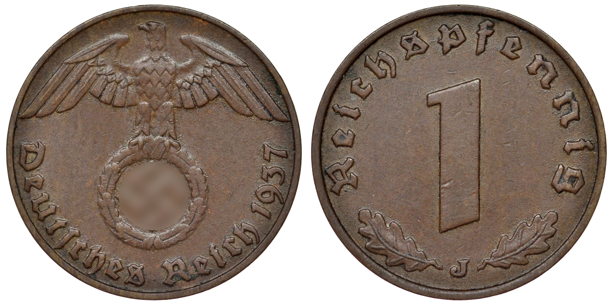 Германия 1 рейхспфенниг 1937 J KM 89, J. 361 бронза 4124-146