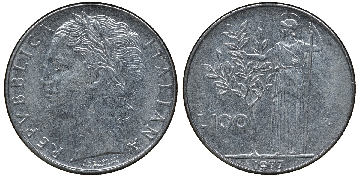 ИТАЛИЯ 100 ЛИР 1977 R , АФИНА KM 96.1 нержавеющая сталь 72-924