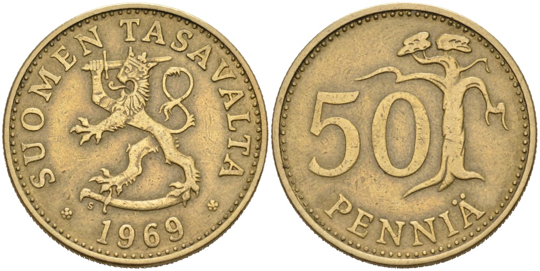 ФИНЛЯНДИЯ 50 ПЕННИ 1969 S KM 48 алюминиевая бронза 4563-422