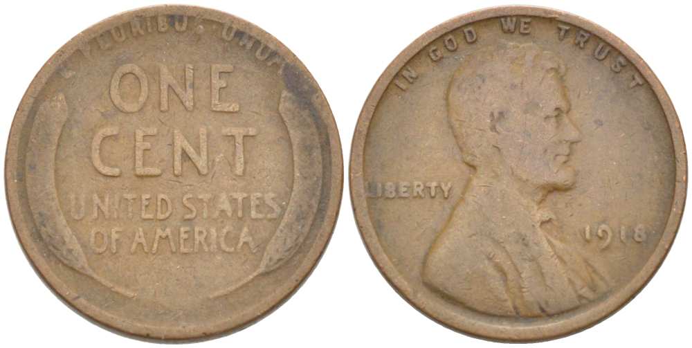 США 1 цент 1918 Авраам Линкольн KM 132 бронза 3309-412