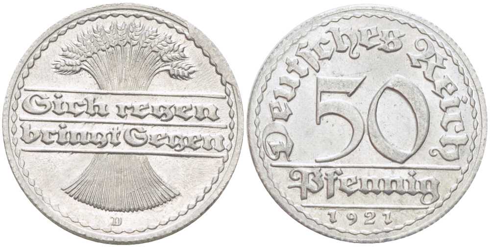 ГЕРМАНИЯ 50 ПФЕННИГОВ 1921 D KM 27, J. 301, Weege 10 алюминий 261-351