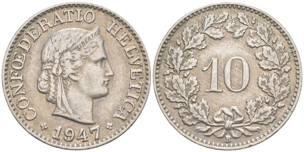 ШВЕЙЦАРИЯ 10 РАППЕНОВ 1947 В KM 27 медно-никель 206-121