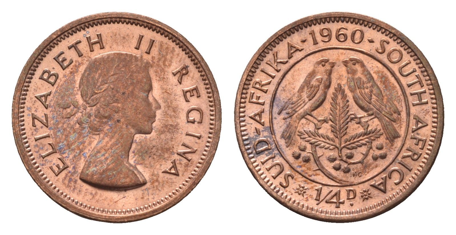 ЮАР 1/4 пенни (фартинг) 1960 Елизавета II (1952-2022) KM 44 бронза UNC 4690-926