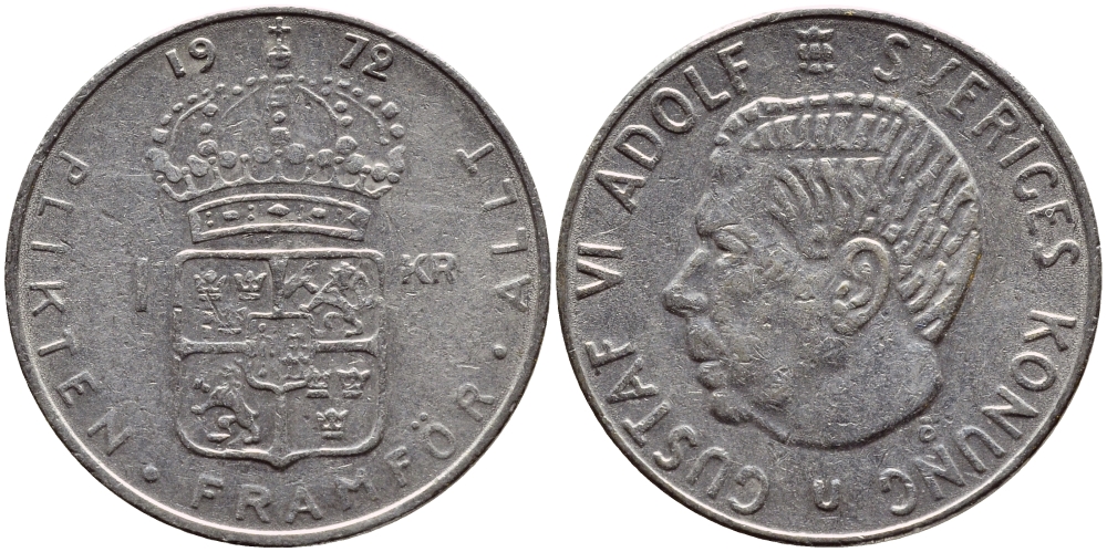 Швеция 1 крона 1972 Густав VI Адольф (1950-1973) KM 826a медь плакированная медно-никелем 4390-313