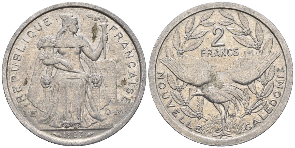 Французская Новая Каледония 2 франка 1983 птица кагу, (IEOM) KM 14, Schoen 11, Lec 63 алюминий    27-956