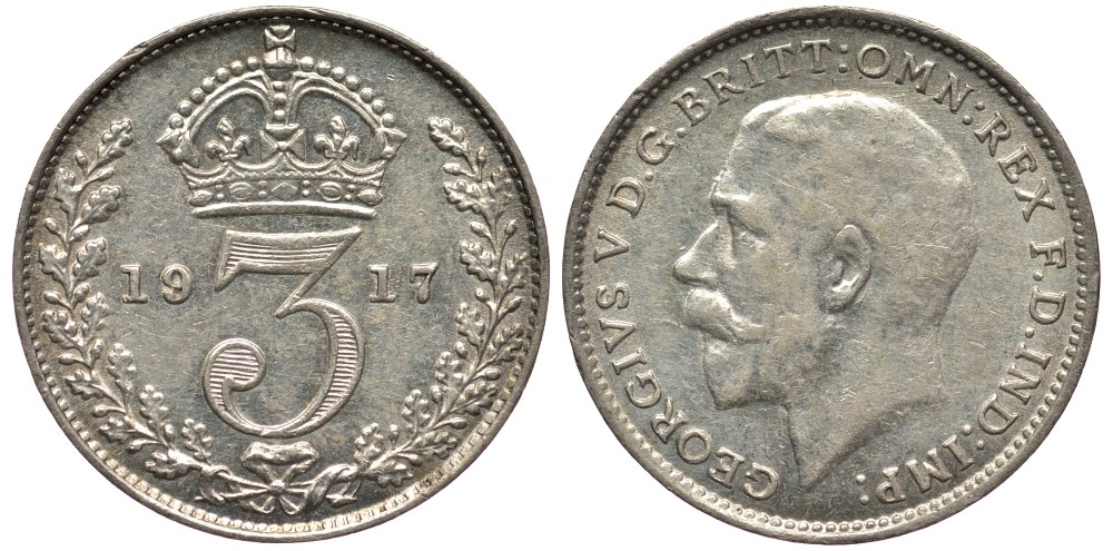 Великобритания 3 пенса 1917 Георг V (1910-1936) KM 813, Spink 4015 серебро 4528-452