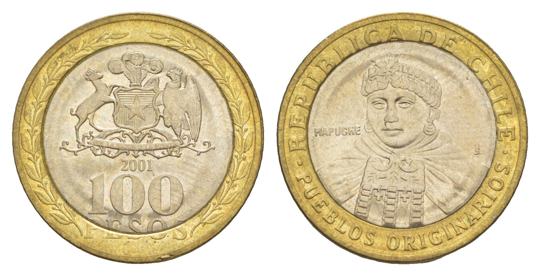 Чили 100 песо 2001 KM 236 биметалл UNC 4641-522