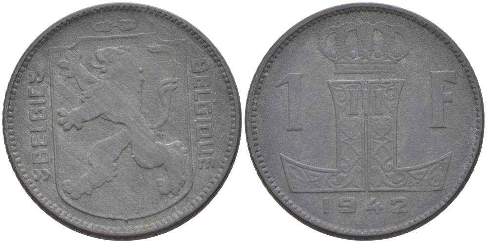 БЕЛЬГИЯ 1 ФРАНК 1942 BELGIE-BELGIQUE KM 128 цинк 4546-235