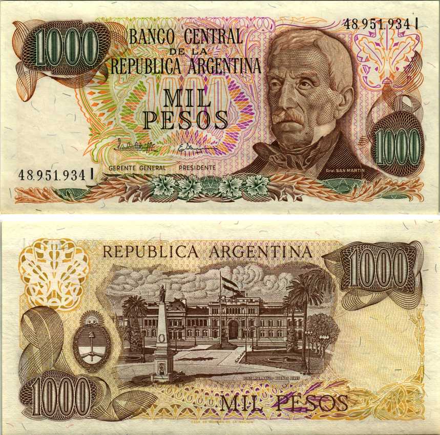 Аргентина 1000 песо 1982 серия I 48951, Генерал Сан Мартин Pick 304d, Bottero 2460 бумага UNC (пресс) 6352-26-1-1