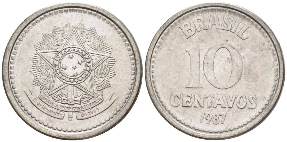 БРАЗИЛИЯ 10 СЕНТАВО 1987 РЕФОРМА 1986-1989 KM 602 нержавеющая сталь 100-469
