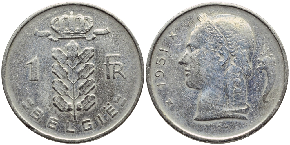 БЕЛЬГИЯ 1 ФРАНК 1951 BELGIE KM 143.1 медно-никель 4390-356