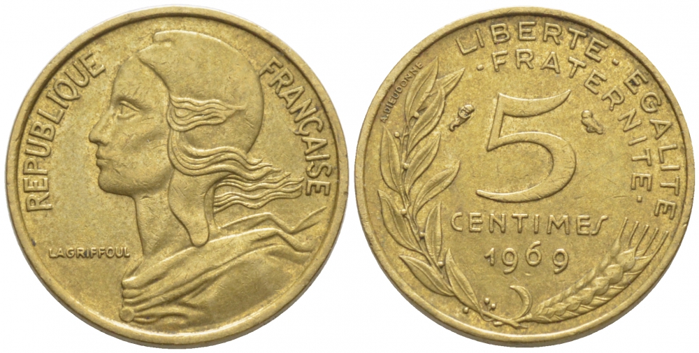 ФРАНЦИЯ 5 САНТИМОВ 1969 ТИП MARIANNE KM 933 медь алюминий никель 105-1238
