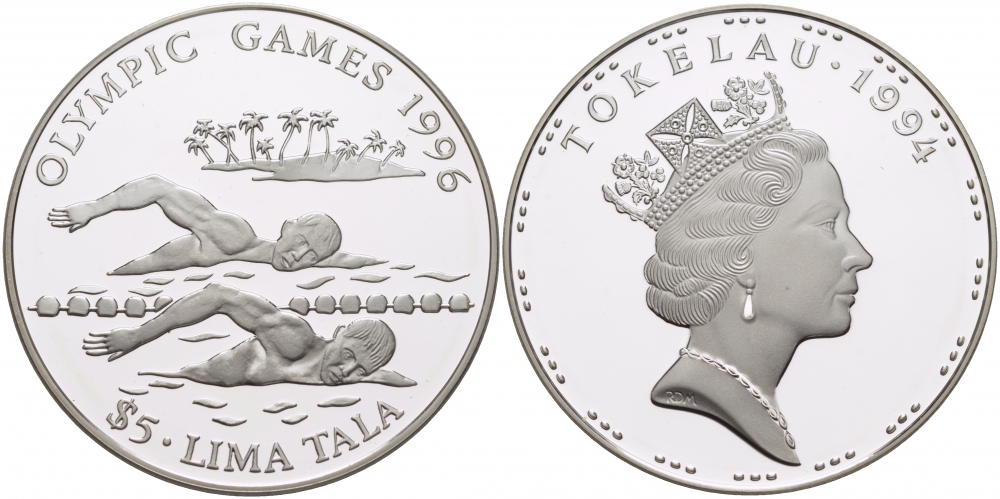 Токелау 5 тала 1994 XXVI олимпийские игры 1996 года в Атланте, плавание KM 19 серебро PROOF 04-101-21
