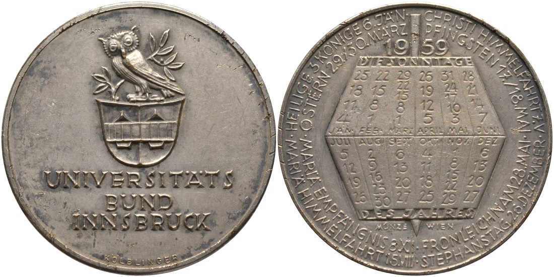 Австрия медаль 1959 серия университет Инсбрука, открытия 1959 года, медальер Kolblinger, диаметр 40 мм., серебрение бронза 4552-224